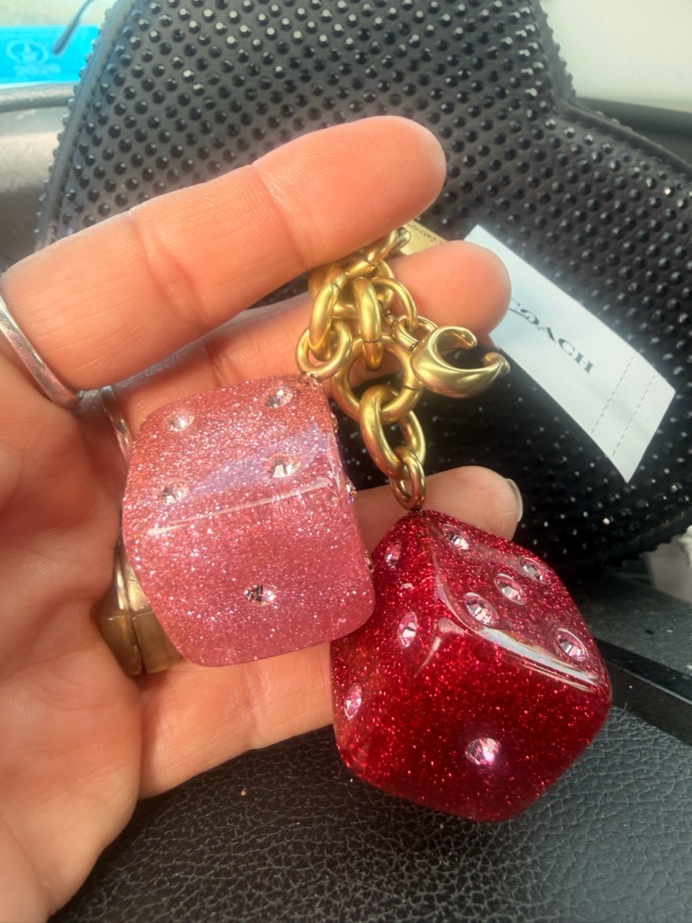 Coach Gold-Tone Keyring with Pink and Red Glitter Dice Charms - Picture 2 of 3
